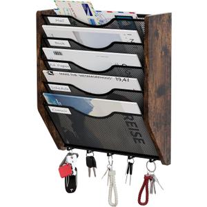 Mesh Hanging Wall File Organizer, 5-Tier File Holder Wall Mounted Magazine Rack with Hooks Wood Document Storage Mail Organizer for Office Home, Antique Brown