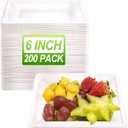 LIYH 200 Pack 6 Inch Compostable Sugarcane Square Small Paper Plates  Biodegradable White Dessert & Cocktail Plates Disposable, Made of Sugar Cane Fibers
