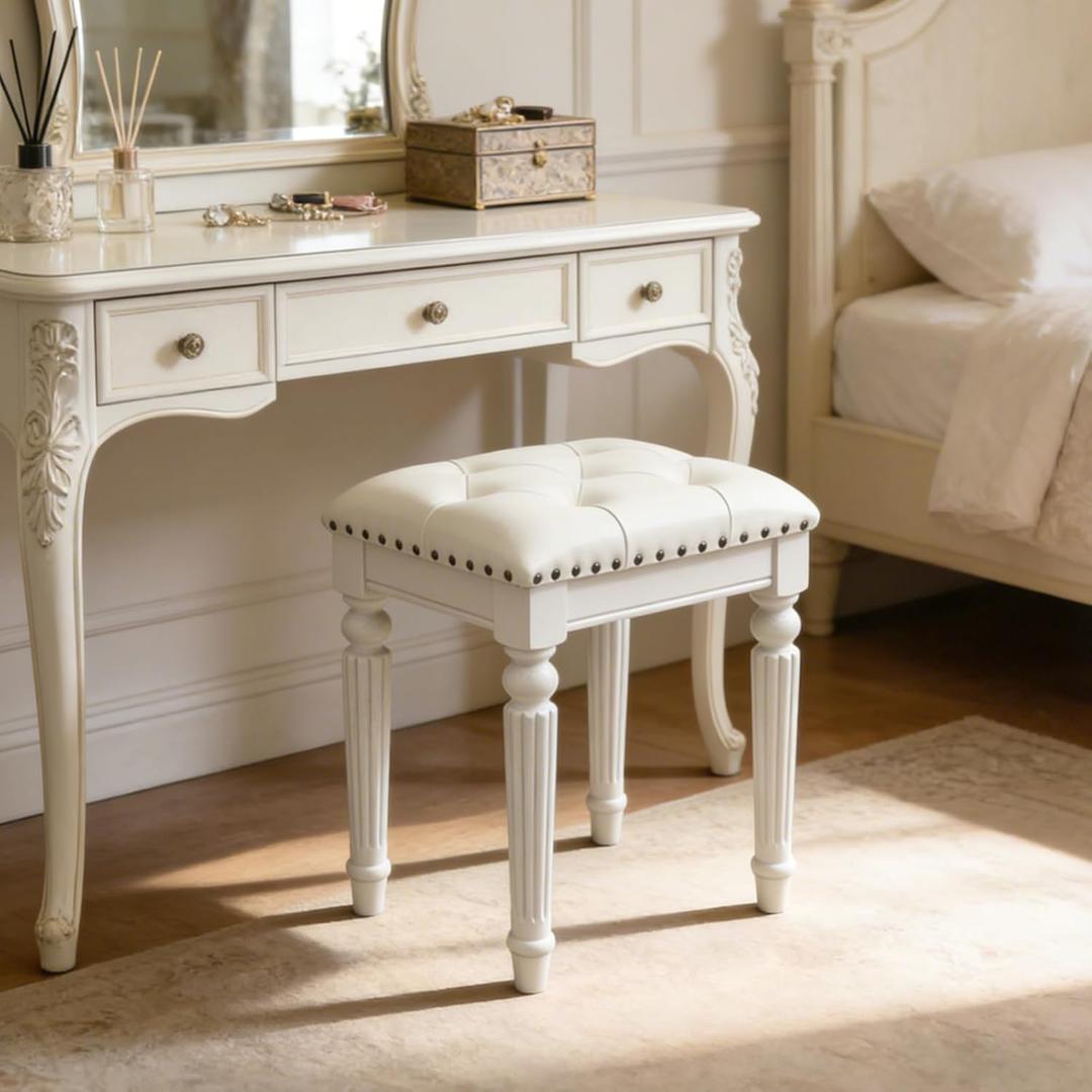 Vanity Stool with White Faux Leather Cushion, Small Vanity Bench-Tufted Leatherette Seat with Nailhead Trim & Button-Tufted Design,Solid Wood Legs with Carved Detail, Backless Makeup Stool for Bedroom, 16.38"L x 13.97"W x 18.30"H