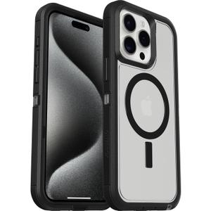 OtterBox iPhone 15 Pro MAX (Only) Defender Series XT Clear Case - DARK SIDE (Black/Clear), screenless, rugged , snaps to MagSafe, lanyard attachment (Ships in Polybag, Ideal for Business Customers)