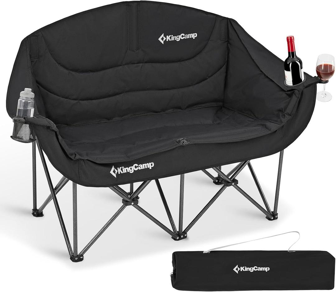 KingCamp Double Camping Chair, Oversized Heavy Duty 660lbs Loveseat for Adults Portable Folding XL 2 Person Couch Padded Comfortable Two Seat with Cup Holder for Outdoor Lawn Backyard, Black