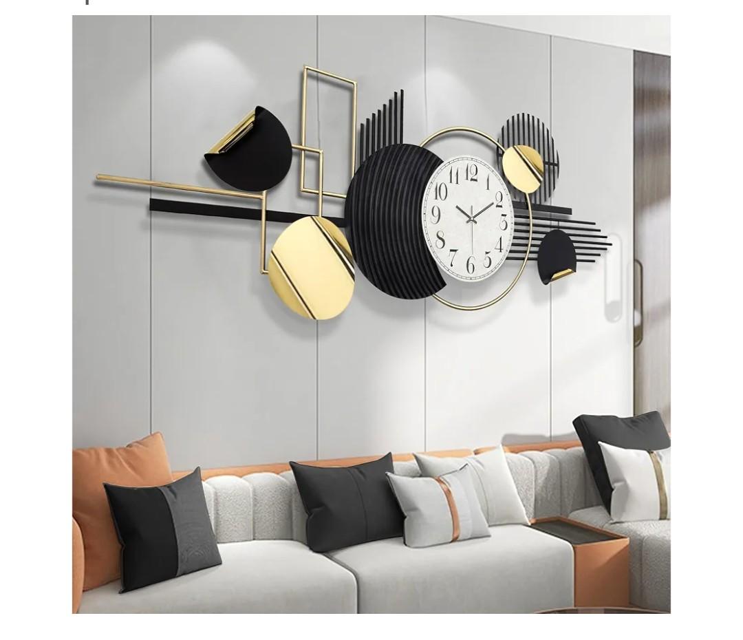 ERMOFAV Metal Wall Art, Black and White Decor for Living Room, Abstract Modern Creative Geometric Round Art Decor 56" × 24" Large 3D Wall Clock for Bedroom, Dining Room, Home Hanging Wall Sculpture