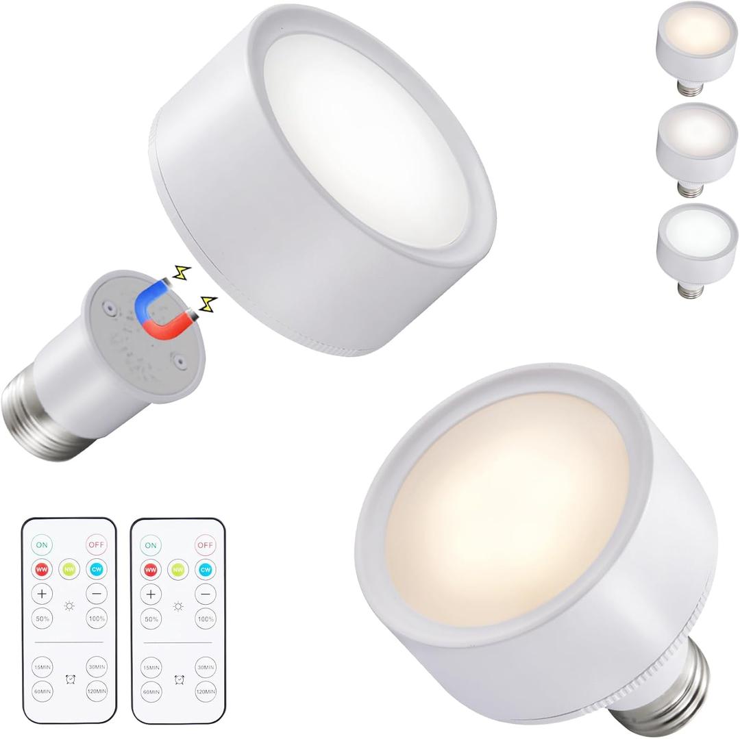 2 Pack Magnetic Battery Operated Light Bulbs with Remote Control, Cordless LED Puck Lights, Wireless Dimmable E26 Screw in AA Battery Power Bulbs for Non Electric Lamps