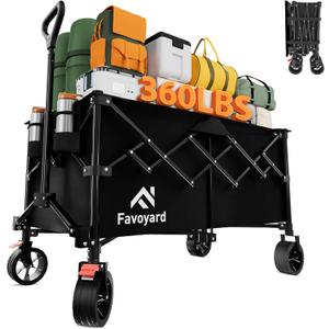 Favoyard Extra Large Collapsible Wagon Carts Foldable 360LBS Heavy Duty Beach Wagons with Big Wheels & Brakes Portable Folding Cart for Shopping Grocery Utility Sports Garden Camping Outdoor, Black (220L)