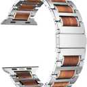 iiteeology Compatible with Apple Watch Band, Natural Wooden Steel Link Bracelet for iWatch Ultra 3/ Ultra 2/ Series 1-11 49mm 46mm 45mm 44mm 42mm - Silver