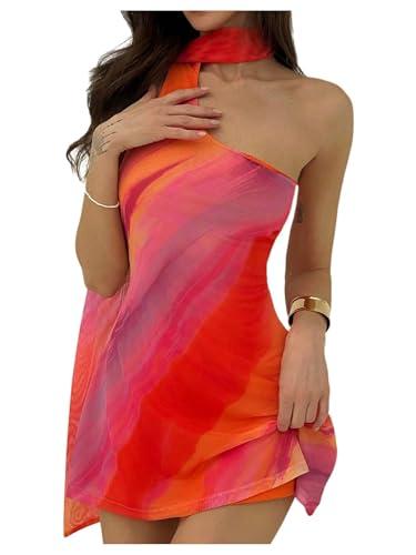 MakeMeChic Women's Mesh Tie Dye One Shoulder Mini Dress Backless Y2k Summer Dresses with Scarf Multicolor Small
