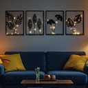 QXSXKJ Black Metal Wall Decor Framed, 3d Modern Metal Wall Art with Light, Minimalist Abstract Black Line Art DCor, 4 Piece Home Art for Living Room Bedroom Bathroom