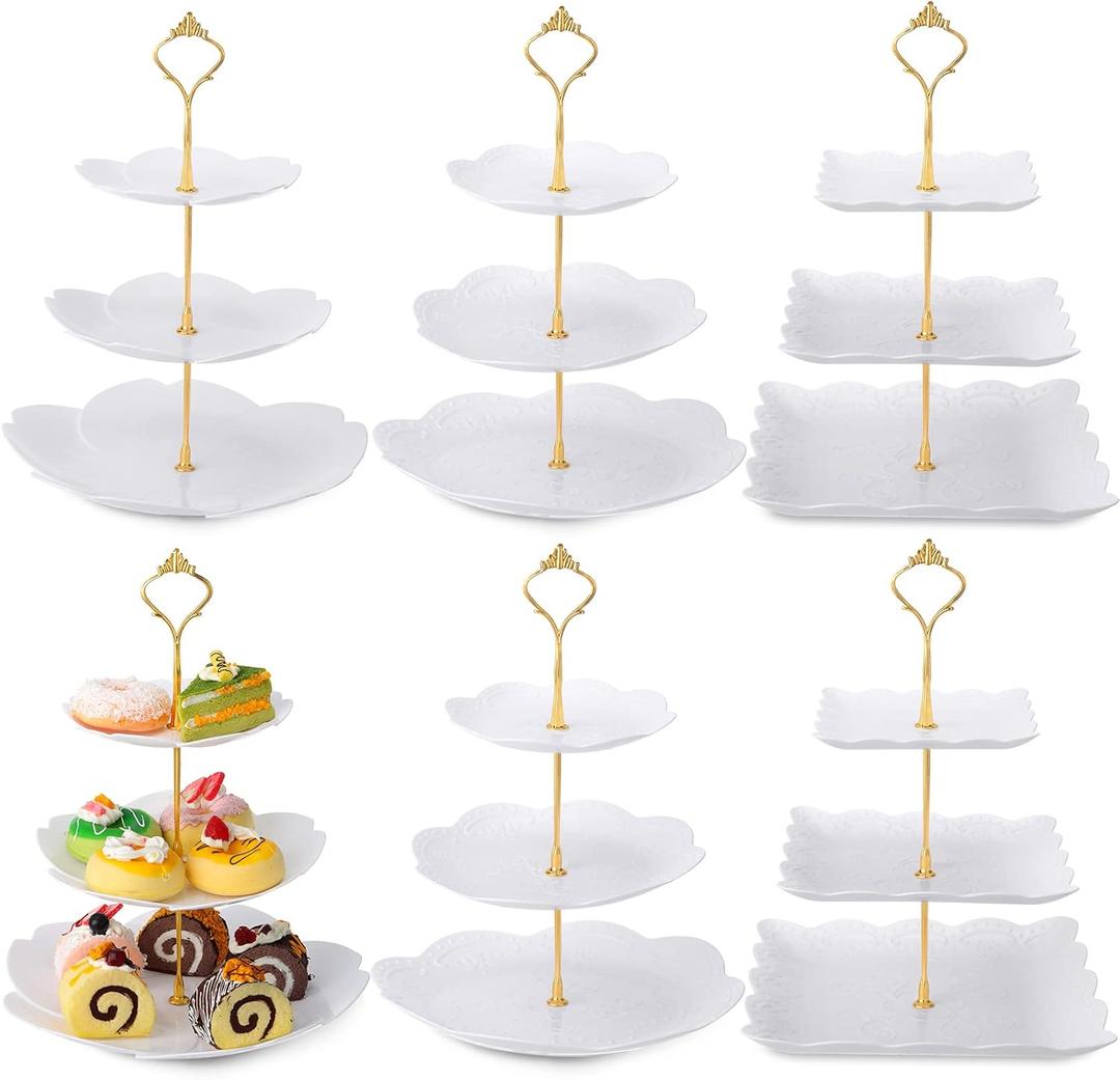 Sawysine 6 Pack 3 Tiered Serving Tray, Serving Tower 3 Tier Cupcake Stand Dessert Stand Bulk, White Thick Plastic Cupcake Tray Cookie Display for Tea Party Baby Shower Wedding Birthday Home (Gold)