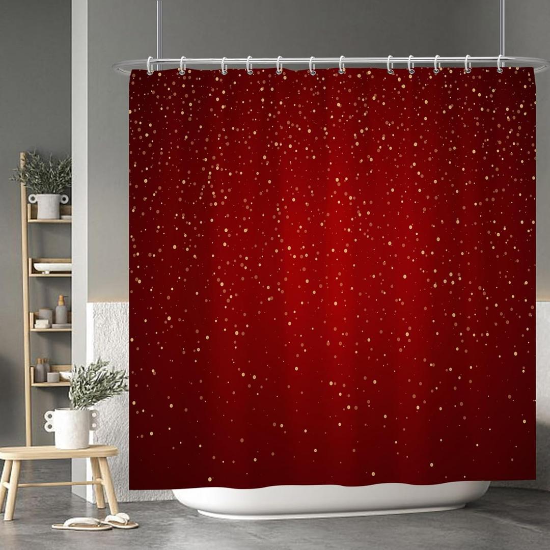 Red Shower Curtain Gold (NO Glitter) Spots Modern Luxury Shower Curtains Decorative for Bathroom Home Bathtubs Waterproof Fabric Shower Curtain with Hooks 72x72 Inches