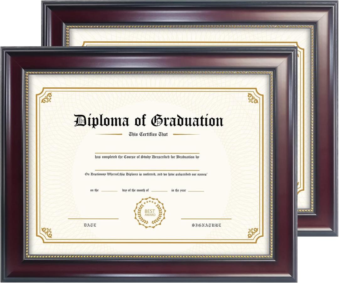 GraduationMall 11x14 Diploma Frame with Navy over Gold Mat or Display 15x18 Certificate without Mat,Solid Wood & Tempered Glass,Cherry Finish with Gold Trim