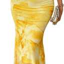 LIGHT DOT Women's Summer Printed Maxi Dress Spaghetti Strap Bodycon Ruched Cocktail Dress Mesh Layered (Yellow, S)