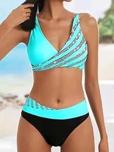 Women Deep V Bikini Set Halter Two Piece Swimsuit High Waisted Color Block Beach Swimwear (Black)