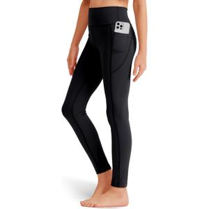 Girls' Black Athletic Leggings with Pockets, White Ankle Length Yoga Pants for Kids (X-Large)