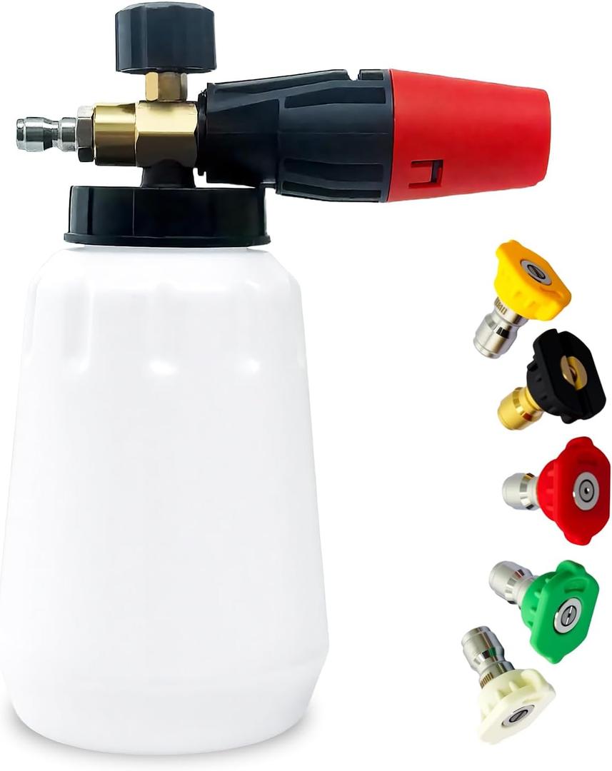 Foam Cannon with 1/4 Inch Quick Connector, 1 Liter, 5 Nozzle Tips, Adjustable Foam Thickness, 1500-3000 PSI