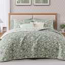 BLOOMHAVEN Quilt Set Queen Size, Green Floral Quilt Sets, Reversible Bedspread Lightweight and Breathable for All Seasons, Soft Quilted Bedspread with 2 Pillow Shams