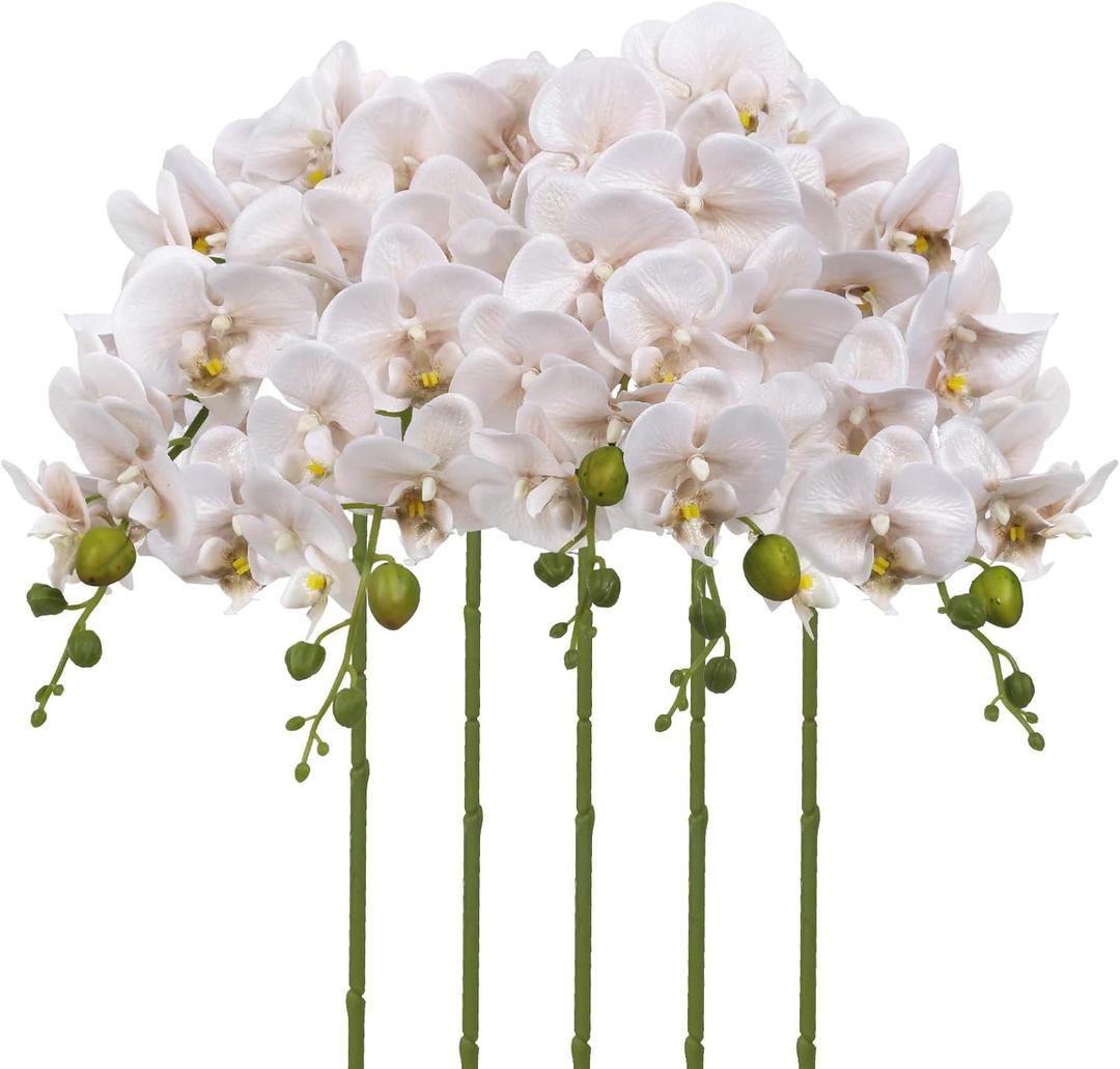IPOPU Fake Orchid Sparkly Silk Flowers 5pcs Faux Orchid Stems 31.9" Grey White Artificial Flowers Phalaenopsis Branches for Wedding Centerpieces Home Table Party Decorations