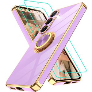 Gritup for Samsung Galaxy S25 Case: with 2Pcs Screen Protector, 360 Rotation Ring Holder Magnetic Kickstand, Plating Gold Edge Soft TPU Shockproof Protective Cover for Galaxy S25, Light Purple