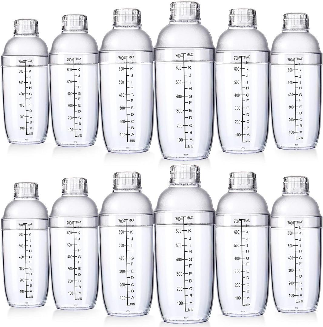 Lallisa 12 Pcs Plastic Cocktail Shaker Drink Mixer with Scales and Strainer Top Clear Shaker Cup with Measurement Plastic Bar Mixing Tool for Tea Coffee Bubble Tea Milk(700 Cc/ 24 oz)