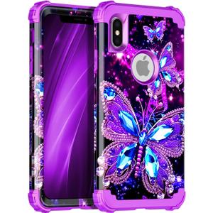 Miqala Compatible with iPhone Xs Max Case,Glow in The Dark Three Layer Heavy Duty Shockproof Hard Plastic Bumper+Soft Silicone Protective Case for Apple iPhone Xs Max,Dark Butterfly