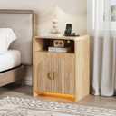 Nightstand with Charging Station and LED Lights, Night Stands with Adjustable Storage Cabinet, Modern Side Table with Fluted Doors and Open Storage, Bedside Table for Bedroom, Natural