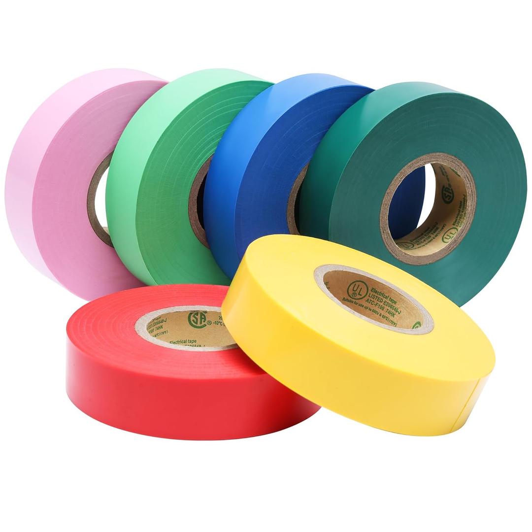 Lichamp 6 Pack Colored Electrical Tape Waterproof, 3/4 in x 66ft, Industrial Grade UL/CSA Listed High Temp Electrical Tape Colors Electric Super Vinyl, 0675C2