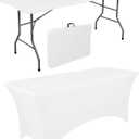 1 Set 6 FT Rectangle Folding Table with Carrying Handle, Lightweight Fold-in-Half Utility Table, with Matching White Stretch Spandex Covers, Ideal for Weddings, Parties, Camping, Banquets, Crafts
