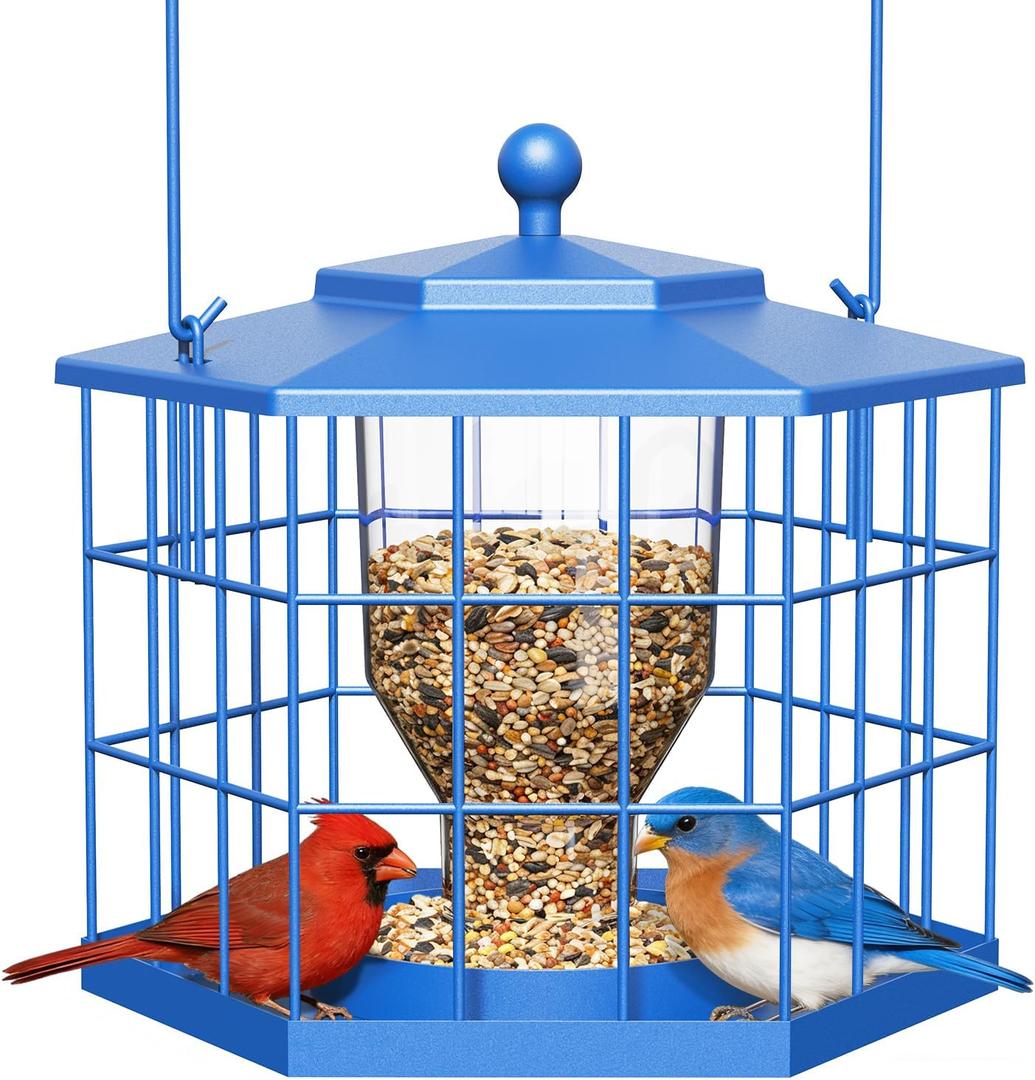 Birdream Squirrel Proof Bird Feeders for Outdoor Hanging, Metal Cage Bird Feeder with Rain Proof Covered for Wildbirds Bluebird Finches, Blue