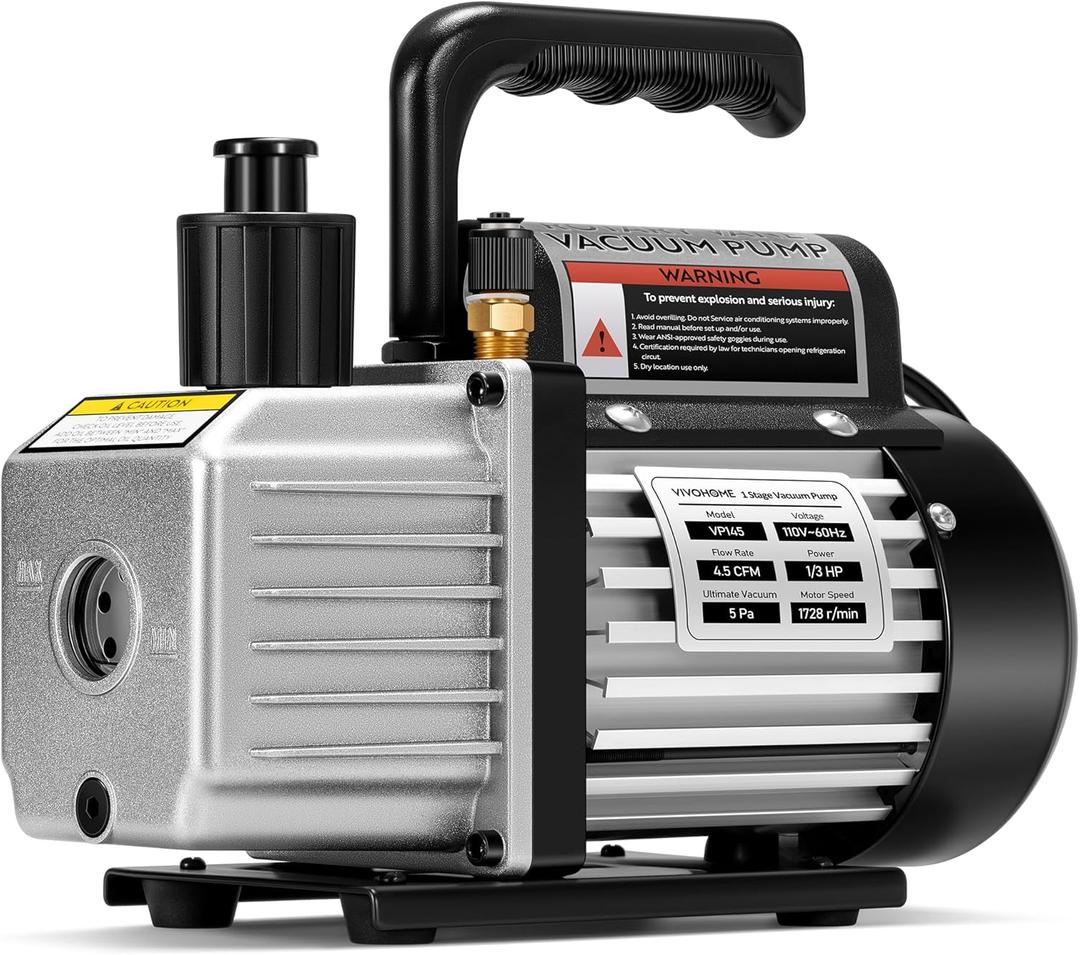 VIVOHOME 4.5 CFM 1/3 HP 110V Single Stage HVAC Vacuum Pump for R134a R12 R22 R502 R410a Systems, Auto AC Vacuum Pump for Air Conditioning Servicing Resin Degassing with Oil Bottle