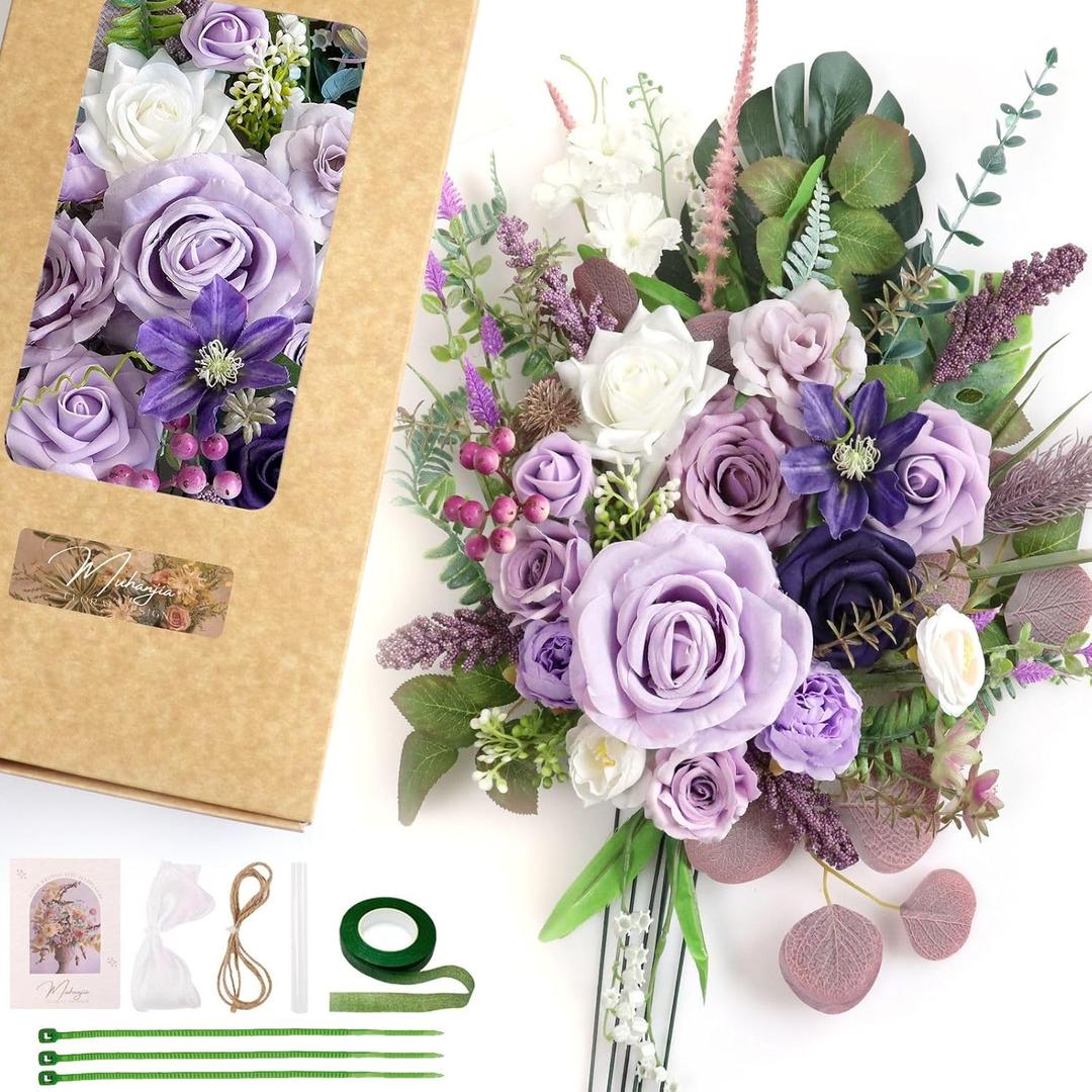 Vintage Style Artificial Flowers and Greenery Combo Box Set, Fake Flower for DIY Wedding Bridal Bouquet, Centerpieces Decor, Floral Arrangement Decor, etc.(Purple)