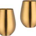 17 oz Stainless Steel Stemless Wine Glass, Outdoor Portable Wine Tumbler for the Pool, Camping,Cookouts, Travel-Set of 2 Metal Drinking Cups Father's Day, OktoberfestGold