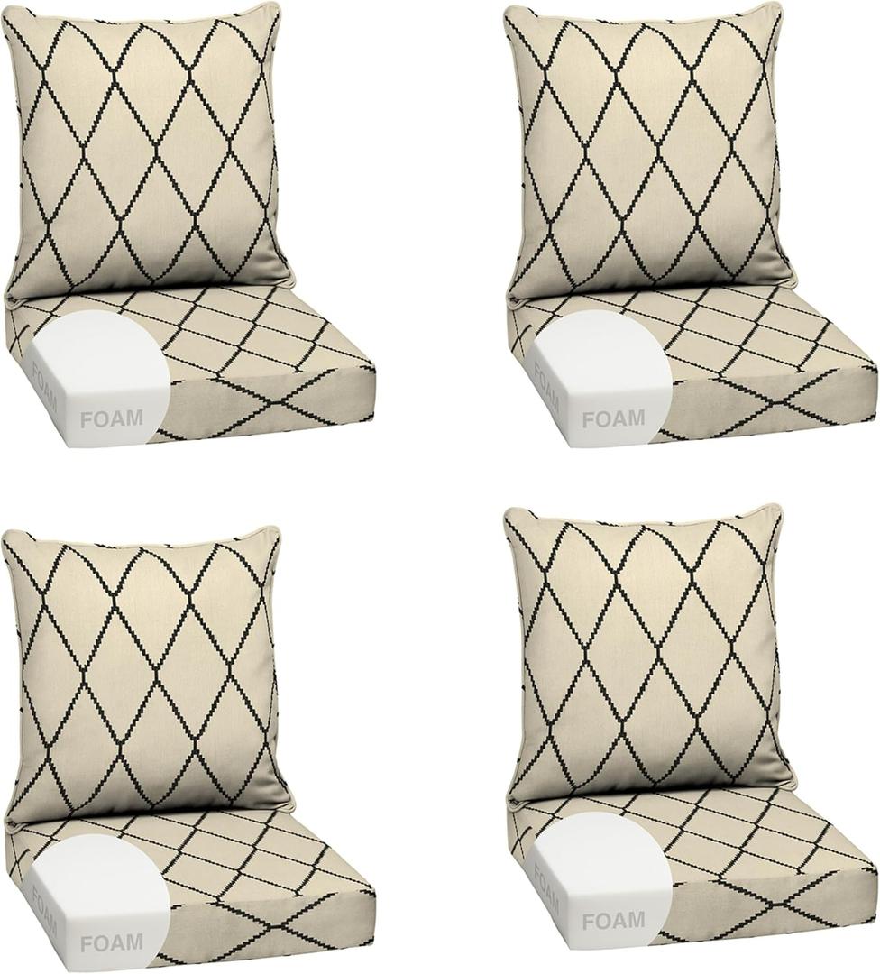 Arden Outdoor Foam Deep Seat Cushion Set, 4-Pack, 24x24, Premium High-Density Foam, Never Flattens, Weather-Proof for Patio Chair Sofa Couch, Tan Diamond Trellis