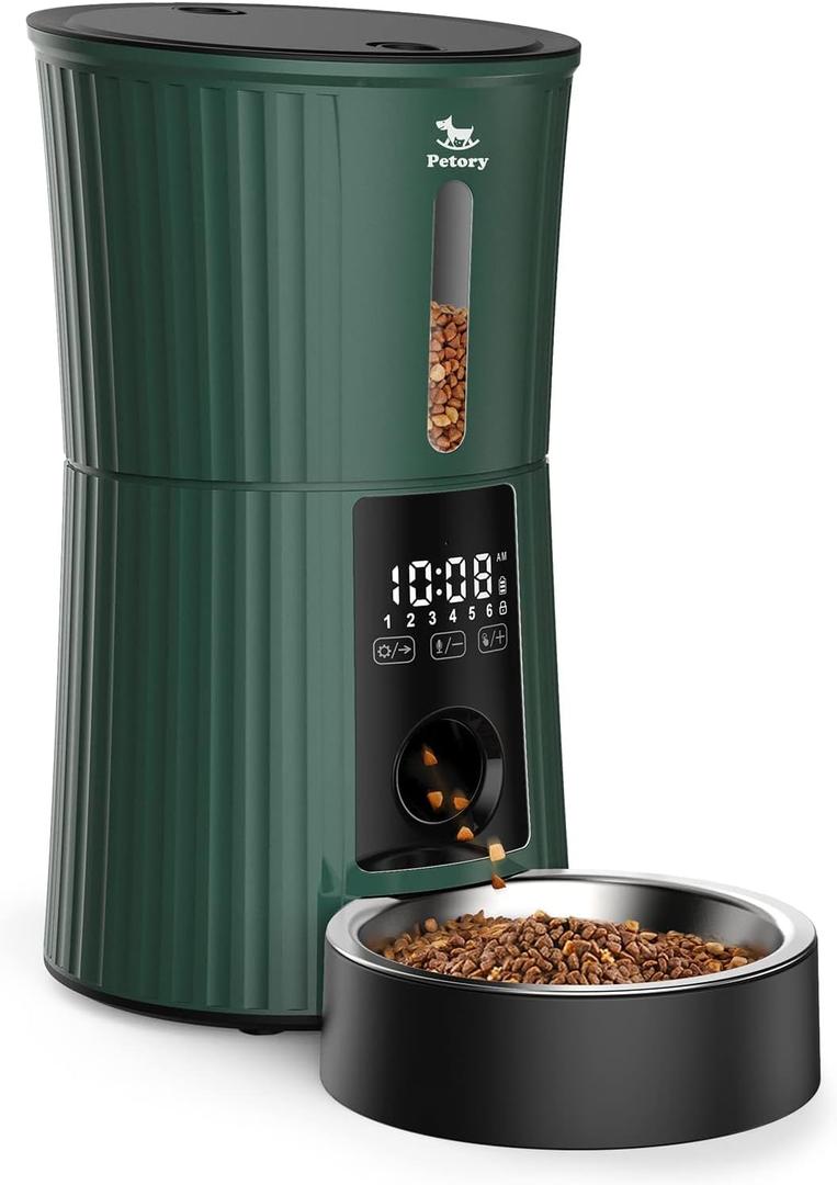 Petory Timed Automatic Cat Feeders - 4L Programable Dry Food Dispenser for Cats and Small Medium Dogs 6 Meals with Desiccant Bag Dual Power Supply 10S Voice Recorder (Green)