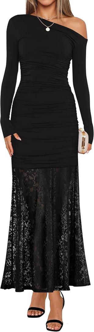ZESICA Women's Long Sleeve Off Shoulder Bodycon Dresses Fall 2026 Ruched Lace Wedding Guest Cocktail Formal Maxi Dress (Black)