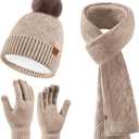 Winter Hats Scarf Gloves for women men,Winter Clothes Knitted Fleece Lined Beanie Thermal Gloves Long Scarf (Beige)