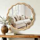 AMOISE Scalloped Round Mirror 28", Boho Wavy Wooden Frame Wall Mirror, Shatterproof Circle Accent Mirror for Bathroom, Bedroom, Entryway and Living Room