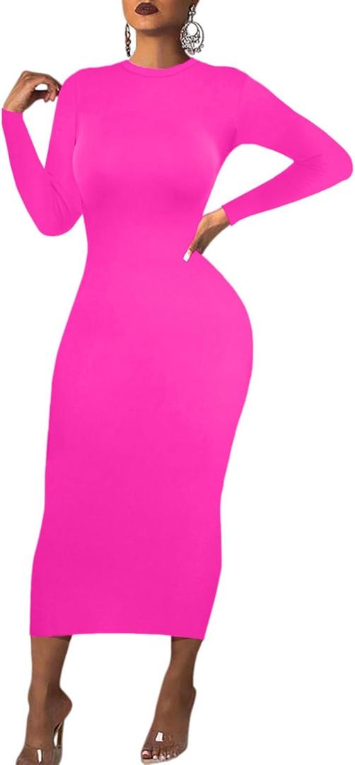 Women's Long Sleeve Bodycon Dress - Midi Casual Club Party Long Fitted Tight Fall Dresses (Hot Pink), Size 3XL