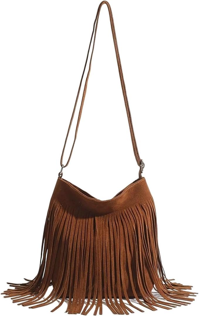 Western Fringe Crossbody Bag for Women Boho Adjustable Shoulder Purse, Vintage Suede Small Handbag for Music Festival & Party (Brown)