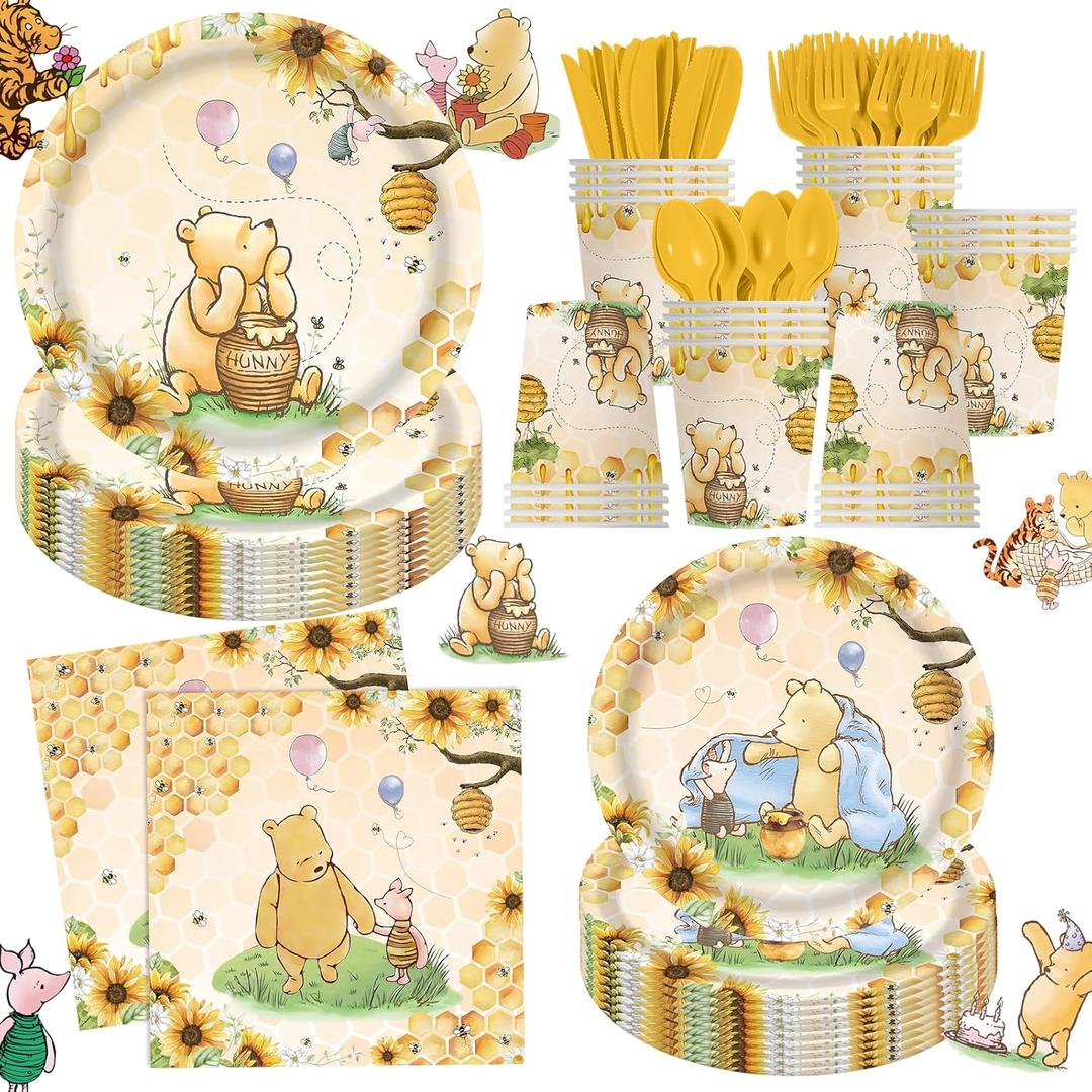 140pcs Classic Bear Baby Shower Decorations Baby Shower Party Tableware with Plates, Napkin, Forks, Cups for Birthday Party Supplies Set Serves 20 Guests (Yellow)