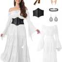 7 Pcs Halloween Medieval Renaissance Witch Dress for Women, Victorian Vintage Gothic Cosplay Fairy Costumes (Small, White)