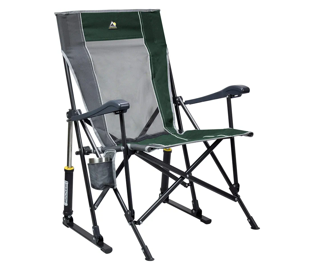 GCI OUTDOOR Roadtrip Rocker Camping Chair | Portable, Folding Rocking Chair with Solid, Durable Armrests, Drink Holder & Comfortable Extended Backrest — Hunter Green