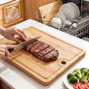 Easy-Clean Dishwasher-Safe Bamboo Cutting Board: 14×10.6 Inch Lightweight Reversible for Kitchen Meat & Serving - Durable Chopping Board with Juice Groove & Hanging Hole for Easy Storage