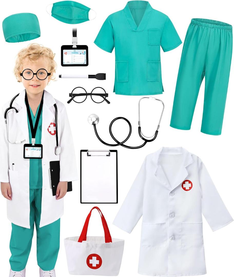 12 PCS Doctor Costume for Kids,Scrubs with Lab Coat/Nurse Costume Kids Set,Girls Boys Doctor Career Day Costumes (7-8 Years, Green)