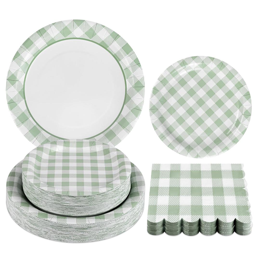 150Pcs Sage Green Gingham Party Supplies Green Gingham Paper Plates and Napkins Green Plaid Plates Disposable Greeny and White Plaid Party Decor for Birthday Family Picnic BBQ Party,Serves 50 Guests