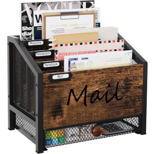 Mail Organizer - 4 Slots Wooden Desk Organizer with Mesh Drawer, Countertop Mail Receipt Business Card Holder, Vertical File Sorter Letter Tray, Black/Antique