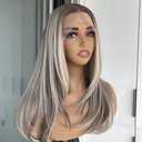 mytonecoo Layered Straight Synthetic Lace Front Wig for Women Ash Blonde Highlights 13x4 Lace Front Glueless Wig Butterfly Cut Natural Looking Wig Daily Part Use 20 Inch