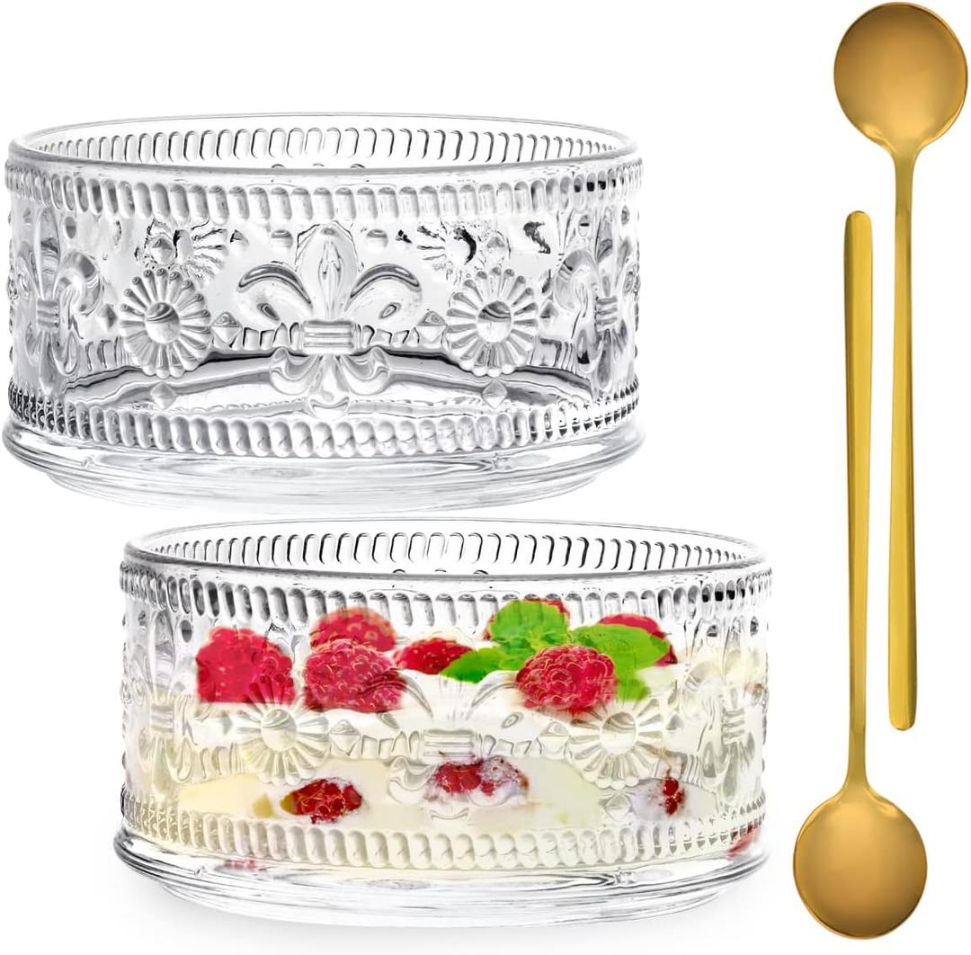 Glass Dessert Bowls, Serving Bowl with Gold Spoon Trifle Bowl Ice Cream Bowls For Dessert, Ice Cream, Cereal, Nuts, Pudding (Lily Flower-Set of 2, 15.5oz)