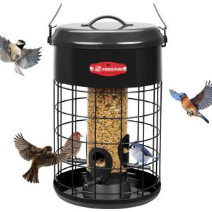 Kingsyard Upgraded Squirrel Proof Caged Bird Feeder for Outdoor Hanging - Additional Storage Tube Bird Feeder with 4 Feeding Ports & Perches, Easy to Clean & Refill. Black