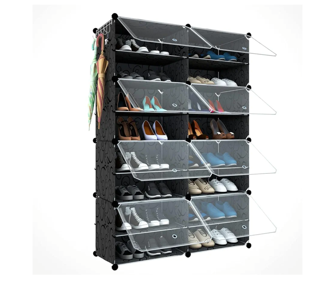 Shoe Rack Organizer, 32 Pair Shoe Storage Cabinet with Door Expandable Plastic Shoe Shelves for Closet,Heels,Boots,Slippers,8 Tier