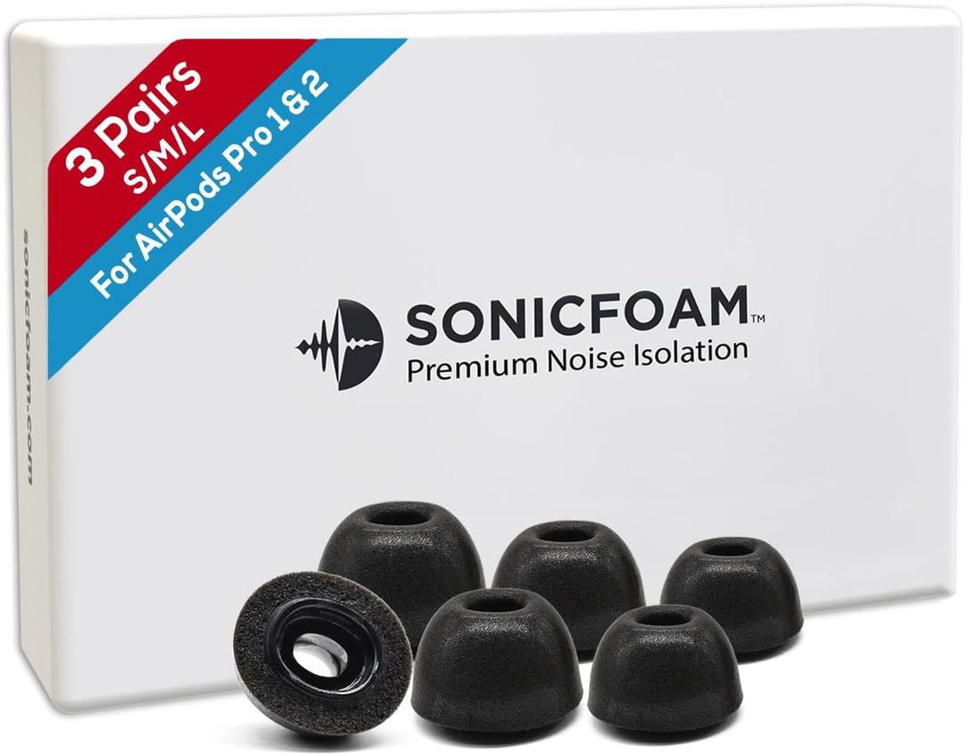 SONICFOAM (SFAir-1-2 Pro Small/Medium/Large Black) Memory Foam Earbud Tips - Compatible with AirPods Pro 1st & 2nd Gen - (6 Pack / 3 Pairs)