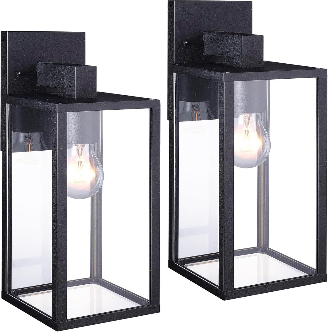 Outdoor Wall Lantern Waterproof Outdoor Wall Lights, Exterior Light Fixture with Toughened Glass Shade, Matte Black Outdoor Wall Sconce Decorative for Porch, Patio, Garage (2 Pack)